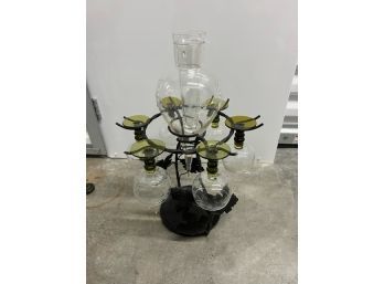 Vintage Multi Piece Set 6 Etched And Green Wine  Glasses And Ice And Decanter In Metal Rack