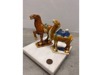 2 Vintage Hand Painted Camel Ceramic Figurines