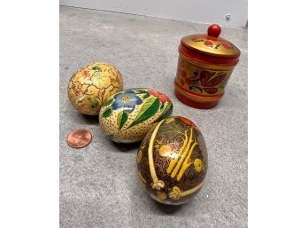 Group Of Hand Painted Eggs And Small Japan Ware Covered Jar