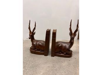 MCM African Carved Wood Antelope Bookends