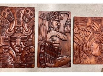 3 Large Aztec/mayan Wooden Carved Wall Plaques
