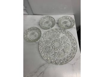 Cake Plate With Three Glass Dishes, Small Chips In