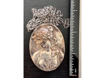 Antique Oval Repousse Art Nouveau Woman Sterling Silver Pendant With Newer Sterling Chain
