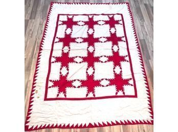 Red And White Snow Flake Antique Quilt