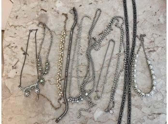 Group Of 10 Vintage Rhinestone And Silver Necklaces, Finishing Work, Etc!