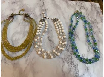 3 FABULOUS Vintage Crystal Necklaces Blues, Greens, Creams!
