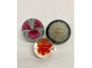 3 Paperweights, One Flower Lucite Encased, Two Glass Hand Blown