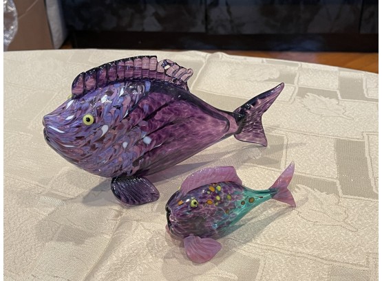 Thames Glass Hand Blown 2 Purple Fish Art Glass Newport Rhode Island Signed