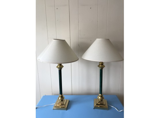 Pair Brass Color With Middle Malachite Green Table Lamps