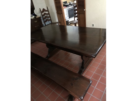 Antique Dark Wood Dining Table With Match Long Bench