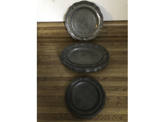 (8) PC VINTAGE PEWTER OVAL AND ROUND PLATES