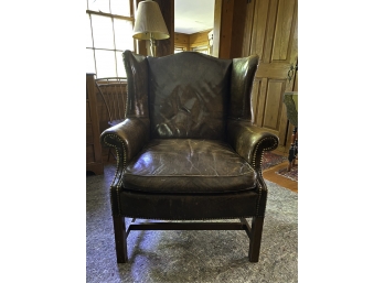 LEATHER CHIPPENDALE STYLE WING BACK CHAIR