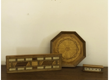CRIBBAGE BOARD, DICE GAME AND INLAID TRAY