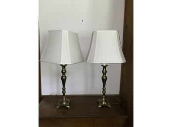 TALL PAIR BRASS TABLE LAMPS W/ SHADES