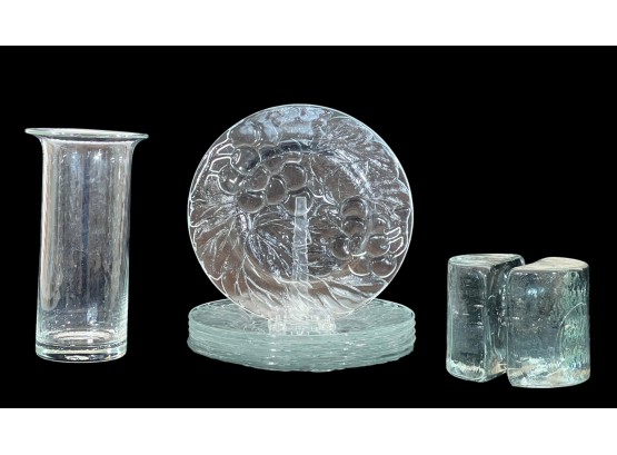 SOLID GLASS BOOKENDS, PLATES & VASE