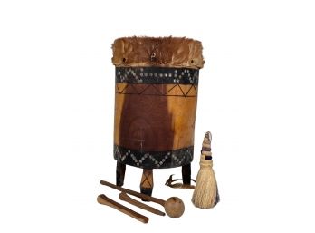 AFRICAN HIDE DRUM, STICKS and BRUSH