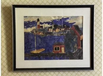 FRAMED WATERCOLOR LIGHTHOUSE SCENE UNSIGNED