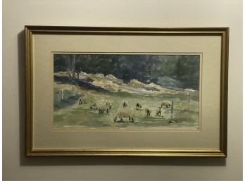 JEAN PEARSON WATERCOLOR OF SHEEP IN PASTURE