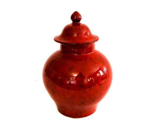 SIGNED MID CENTURY BULBOUS FORM JAR W SWIRLED BLOOD RED FIELD