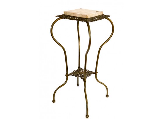PIERCED BRASS TWO TIERED MARBLE TOP PLANT STAND