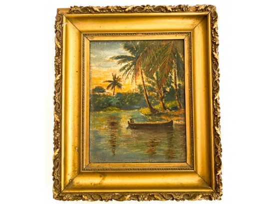 SIGNED FLORIDA SCHOOL PAINTING 'NATIVE AMERICAN IN CANOE'
