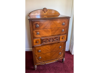 (5) DRAWER BURLWOOD & MAHOGANY CARVED TALL CHEST