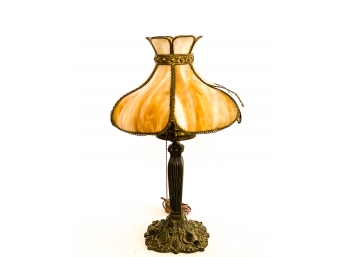 SLAG GLASS PANEL LAMP ON CAST BASE