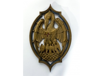 CARVED OAK AND PAINTED EAGLE AND YOUNG CREST