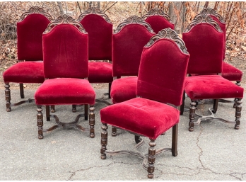 CARVED WALNUT DINING CHAIRS, MOHAIR UPHOLSTERY
