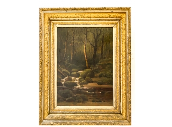 19th c OIL ON BOARD 'CREEK IN THE WOODS'