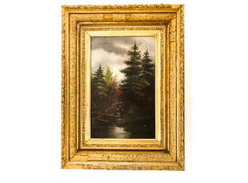 SIGNED 19th c 'RIVER IN THE PINES' OIL ON BOARD