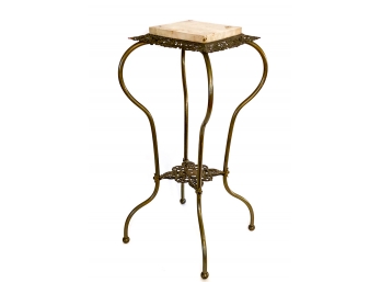 PIERCED BRASS TWO TIERED MARBLE TOP PLANT STAND