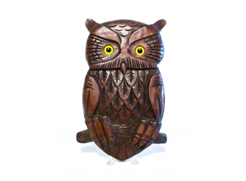 VINTAGE SIGNED & CARVED WOOD OWL WITH GLASS EYES