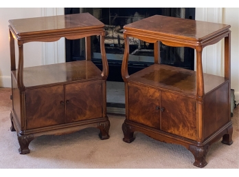 PAIR OF TWO TIERED BURLWOOD & WALNUT STANDS