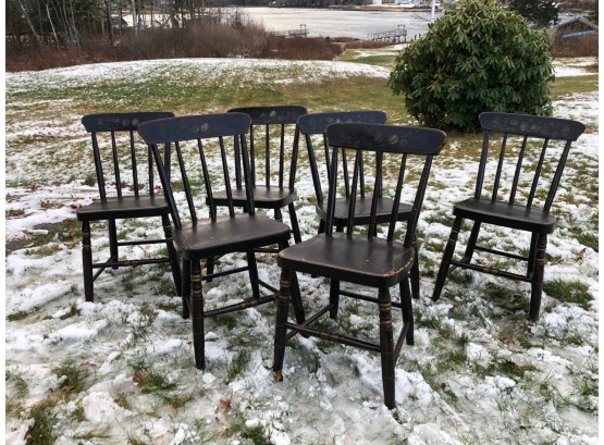 SET OF 6 PAINT DECORATED PLANK-SEAT CHAIRS