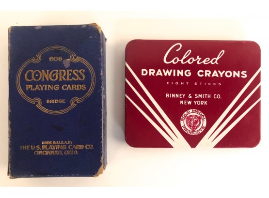 PACK VINTAGE PLAYING CARDS AND TIN OF CRAYONS