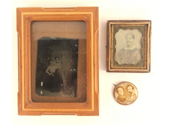 (2) FRAMED TIN TYPES W/ A REPRO POLITICAL PIN