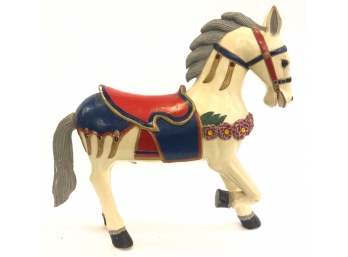 HAND CARVED AND PAINTED WOODEN CAROUSEL HORSE 31 1/2 H X 33 1/2 L