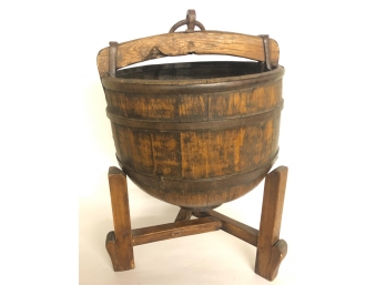 VERY OLD ANTIQUE WOODEN BUCKET ON STAND
