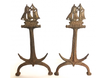 CAST IRON SHIP AND ANCHOR ANDIRONS