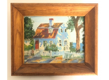OIL PAINTING ON BOARD OF HOUSE W/ PICKET FENCE