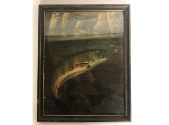 ANTIQUE CHROMOLITHOGRAPH BROOK TROUT TAKING A FLY