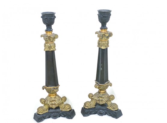 PERIOD AMERICAN EMPIRE CANDLESTICKS W DOLPHIN SUPPORT