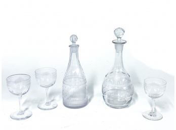 (2) DECANTERS & (3) CORDIALS ETCHED GLASS LOT