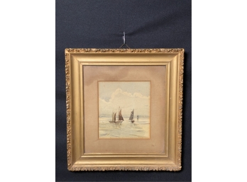 19th c FRAMED WATERCOLOR 'CAT BOATS OFFSHORE'
