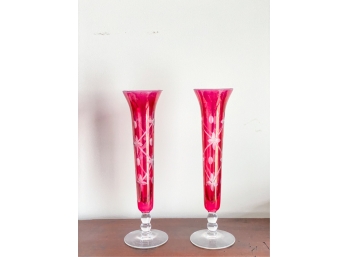 PAIR OF CUT TO CLEAR CRANBERRY VASES W SUNBURSTS