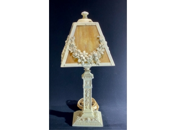 SLAG GLASS SHADE & FLORAL DECORATED CAST LAMP