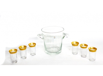 (6) GOLD LEAF RIMMED GLASSES AND ICE BUCKET