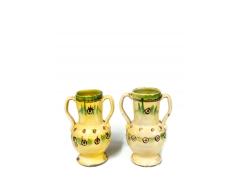 PAIR OF PAINTED YELLOW WARE DOUBLE HANDLED VASES