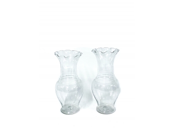 PAIR DELICATE HAND BLOWN GLASS VASES W MOLDED RIMS